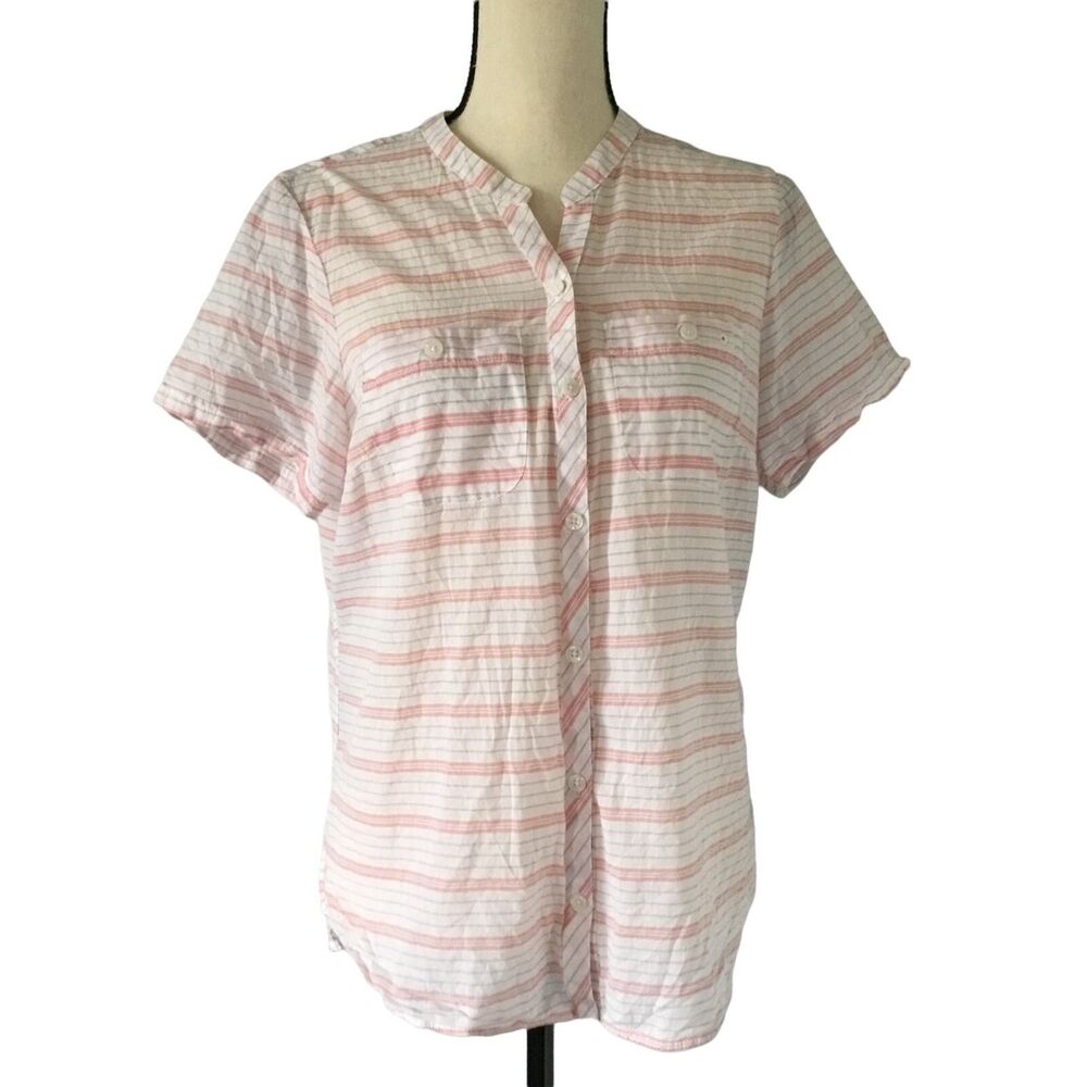 Columbia Women’s Button Down Short Sleeve Shirt White W/Pink Stripes. Size Large